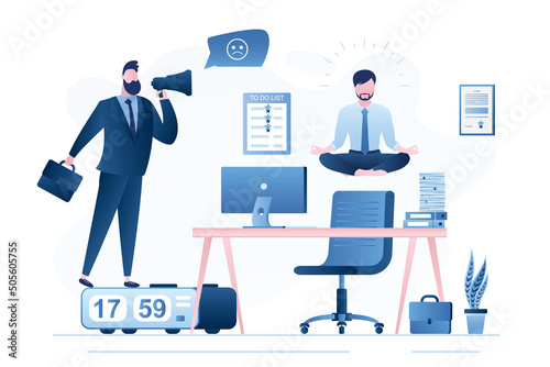 Boss uses megaphone and screaming. Deadline and time management. Office worker relax in lotus pose on workplace. Mental health, employee relax to reduce stress and eliminate distraction.