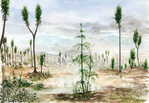 Carboniferous landscape with Sigillaria and Calamites plants. Watercolor on paper. photo