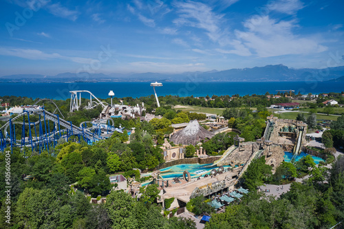 Panorama of Lake Garda, Italy. Aerial view of an amusement park, Lake Garda Italy. Amusement park, Italy. Extreme entertainment garda. Panorama at high altitude. photo