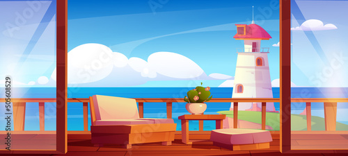 Wooden house terrace on sea coast with lighthouse on rock cliff. Vector cartoon illustration of summer ocean landscape with beacon on shore and cottage veranda or balcony with fence, couch and table