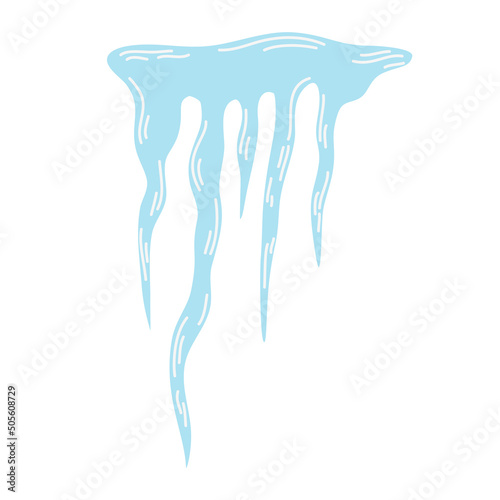 Icicles. Blue frozen icicle cluster hanging down from snow-covered ice surface. Winter frosty weather. Vector Hand draw illustration isolated on the white background.