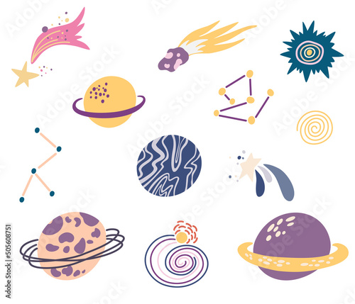 Fototapeta Naklejka Na Ścianę i Meble -  Planets and Shooting stars set. Space objects. Comet tail or star trail. Meteorite, space. Vector Hand draw illustration isolated on the white background.