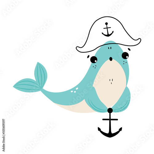 Comic Blue Shark with Anchor and Sailor Hat as Marine Animal Floating in the Ocean Vector Illustration