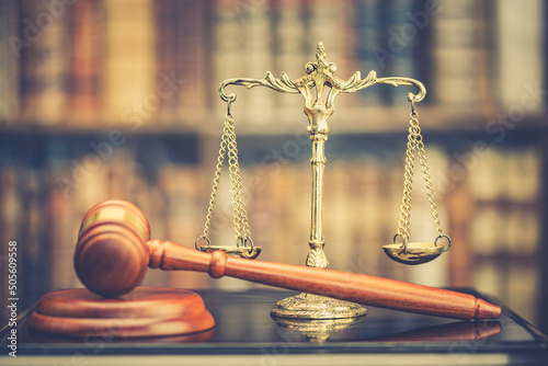 Print op canvas Legal office of lawyers, justice and law concept : Retro balance scale of justice on a desk in a courtroom, depicting giving fair and objective consideration to all evidence, without showing bias