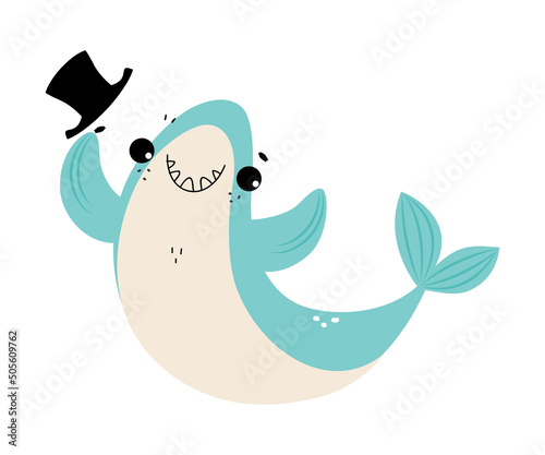 Comic Blue Shark with Fins Putting Off Top Hat Vector Illustration