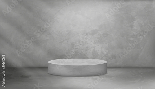 Backdrop studio room Grey Cement texture wall background with cylinder podium,Vector 3D illustration Gray floor Concrete surface with light and shadow.Banner template interior loft style concept