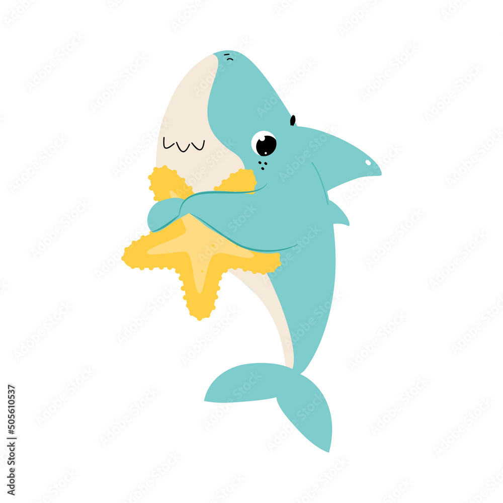 Naklejka premium Comic Blue Shark as Marine Animal Embracing Yellow Starfish Vector Illustration