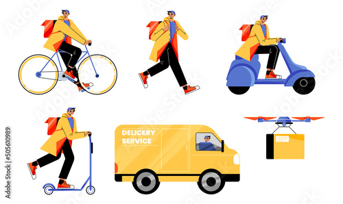 Delivery service worker on motorcycle, bike, truck. Vector flat illustration of shipping cargo, parcels and orders by transport, drone and courier with backpack