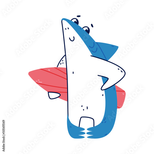 Cute Blue Shark as Sea Animal with Dorsal Fin Holding Surfboard Vector Illustration