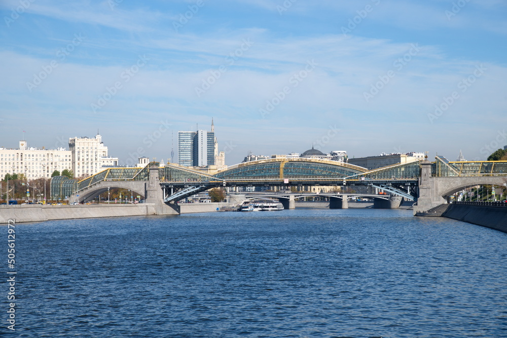 Moscow, Russia - October 9, 2021: View of the Bogdan Khmelnitsky Bridge (Kiev pedestrian Bridge) across the Moscow-river