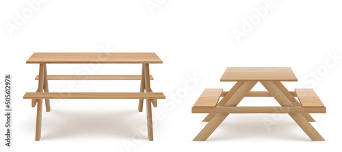 Tableau sur toile Wooden picnic table with long benches 3d realistic vector