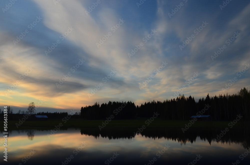 sunset on the river, reflection of the forest at sunset, sunset on the forest lake