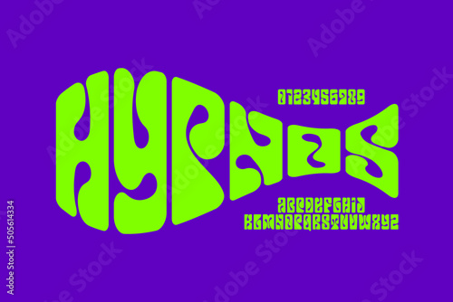 Psychedelic, hypnosis style font design, 1960s alphabet letters and numbers vector illustration