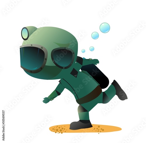 Diver in retro scuba gear running slowly. Guy in underwater suit bottom of pond. Funny cartoon style. Extreme sports. Person in lake or sea. Isolated on white background. Boy man swim. Vector
