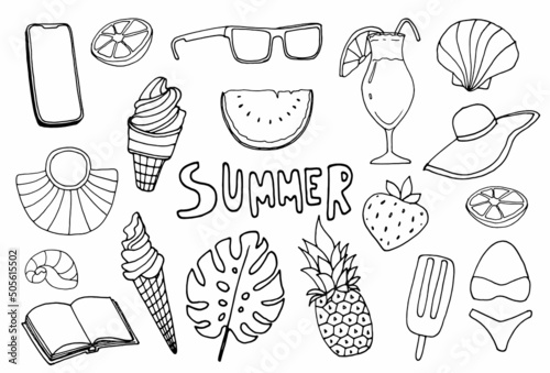 Outline graphic hand drawn doodle set of separate summer elements