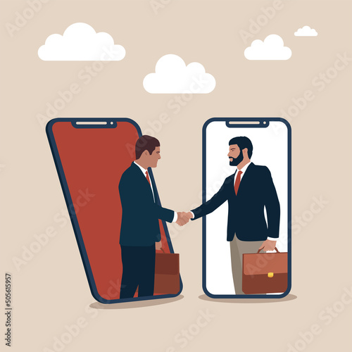 Virtual success collaboration, remote working or online greeting for business achievement, online video conference concept, happy businessman and entrepreneur.
