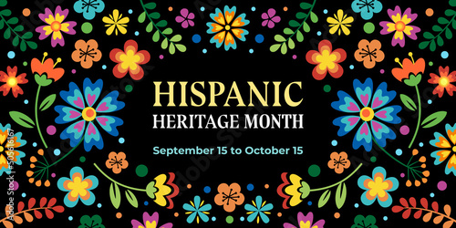 Hispanic heritage month. Vector web banner, poster, card for social media, networks. Greeting with national Hispanic heritage month text, flowers on floral pattern background
