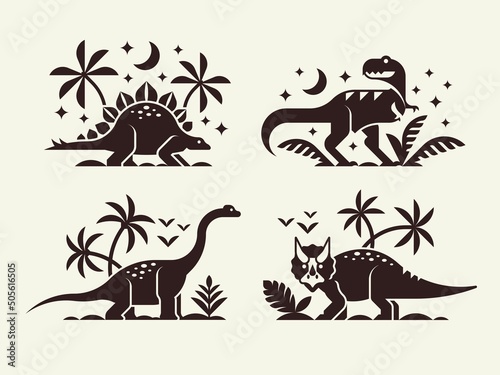 Collections dinosaurs - triceratops, brontosaurus, tyrannosaurus and stegosaurus. Vector one color isolated illustration.