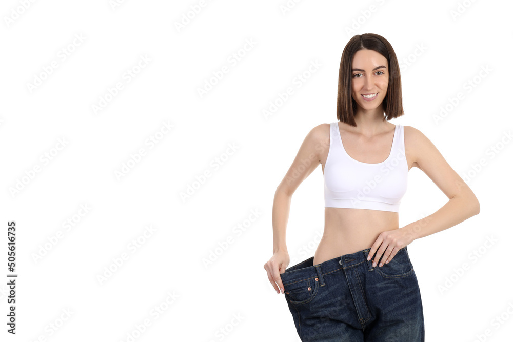 Concept of weight loss with thin girl, isolated on white background Concept of weight loss with thin girl, isolated on white background
