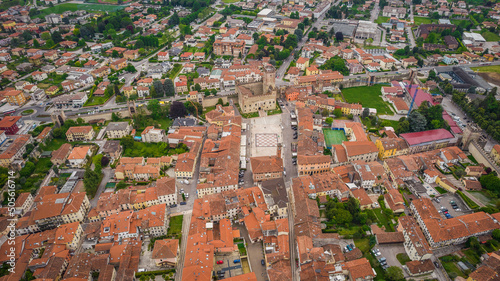 Aerial View of Marostica with "Piazza degli Scacchi" and the Lower Castle, Vicenza, Veneto, Italy, Europe