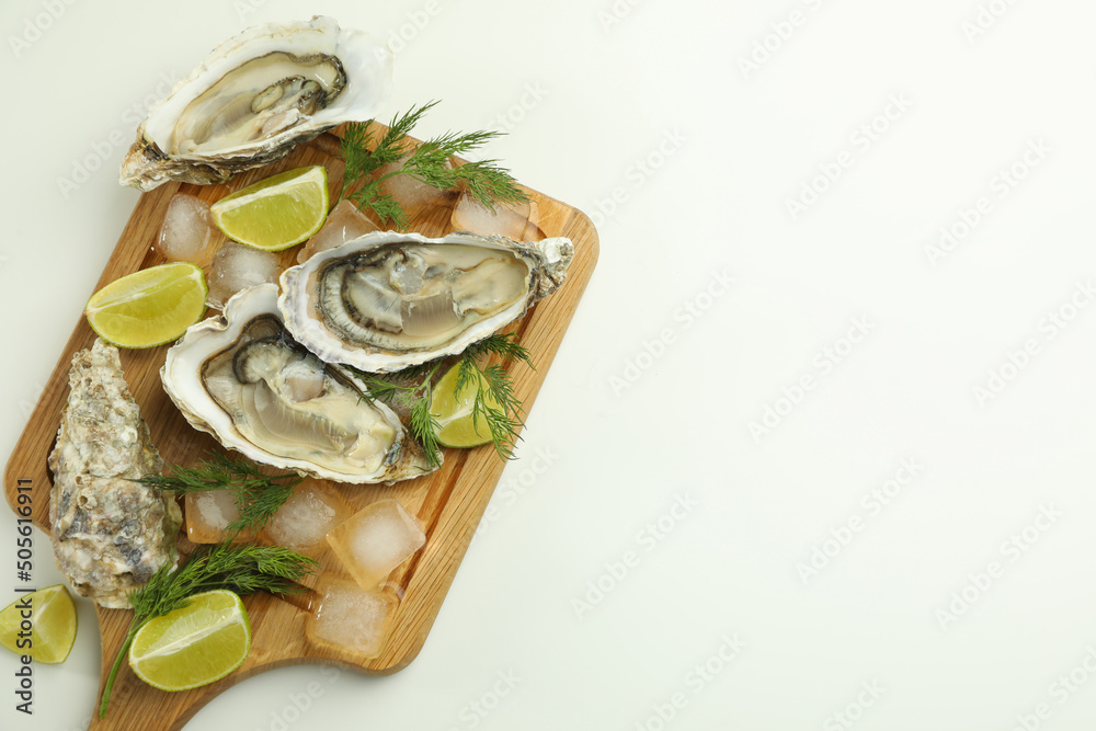 Concept of seafood, oysters, space for text Concept of seafood, oysters, space for text