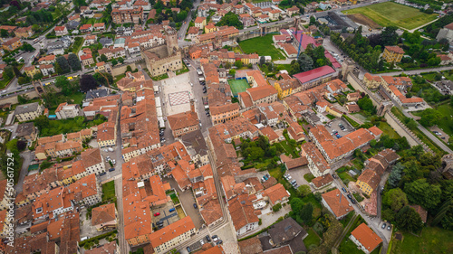 Aerial View of Marostica with "Piazza degli Scacchi" and the Lower Castle, Vicenza, Veneto, Italy, Europe