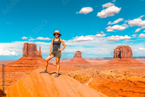 A young girl with black t-shirt in the Monument Valley National Park in the visitor center. Utah