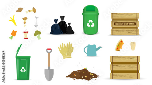 Compost cycle concept, compost bin  with organic waste illustration for waste composting,  waste recycling process concept for compost organic waste vector illustration. 
