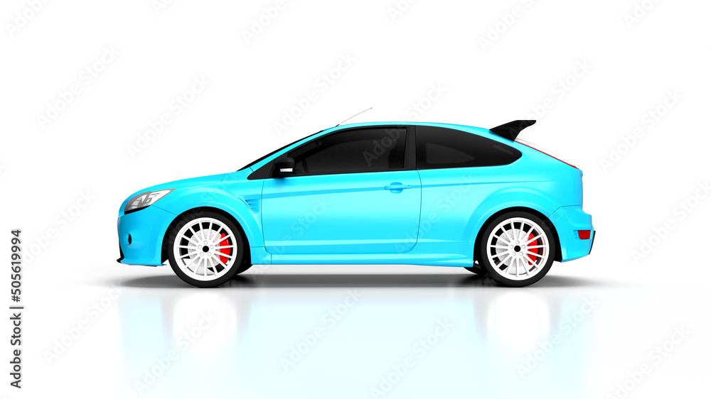 3d render blue car on a white background with reflection