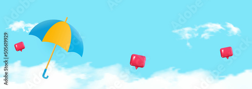 Monsoon sale offer banner template header with realistic clouds and colorful umbrella on blue background. Vector