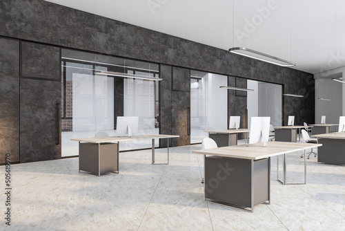 Minimalistic concrete, white and glass meeting room and corridor interior with furniture, window with city view and daylight. 3D Rendering. photo