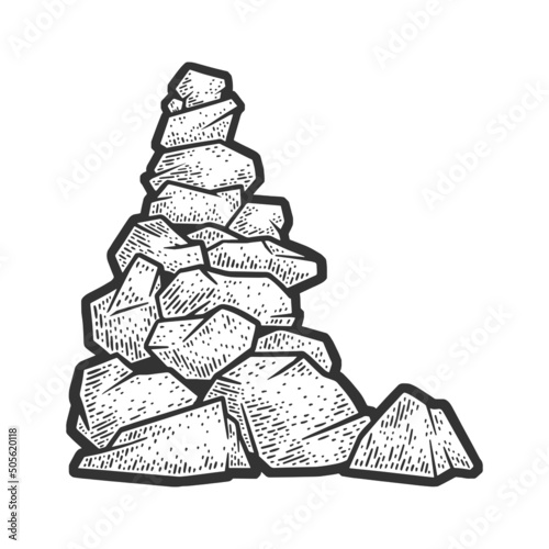 Cairn pile stack of stones sketch engraving vector illustration. T-shirt apparel print design. Scratch board imitation. Black and white hand drawn image.