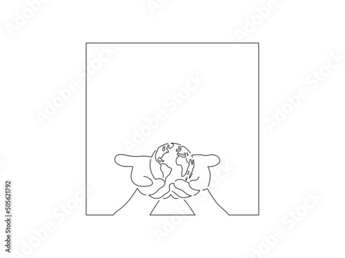 Ecology and climate change concept in line art drawing style. Composition of hands holding an earth globe. Black linear sketch isolated on white background. Vector illustration design.