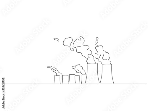 Global warming and climate change concept in line art drawing style. Composition of polluting emissions from a factory. Black linear sketch isolated on white background. Vector illustration design.