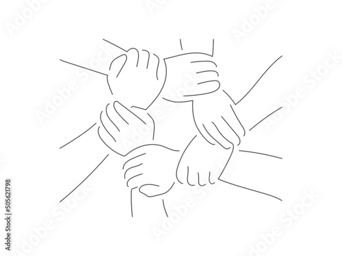 Ecology and community of volunteers concept in line art drawing style. Composition of united hands of people. Black linear sketch isolated on white background. Vector illustration design.