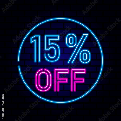 15 percent SALE glowing neon lamp sign. Vector illustration.