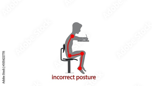 correct and incorrect posture when sitting. medical advice. 4k video illustration.