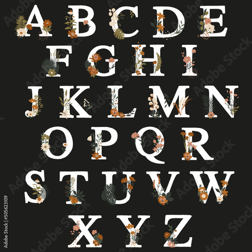 Floral alphabet with white letters on a black background