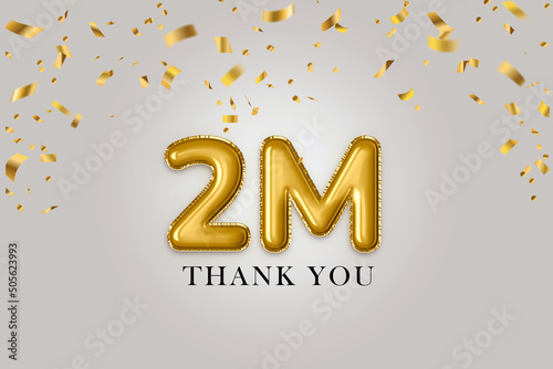 2 million followers gold foil balloons with golden confetti, two million followers thank you card celebration background