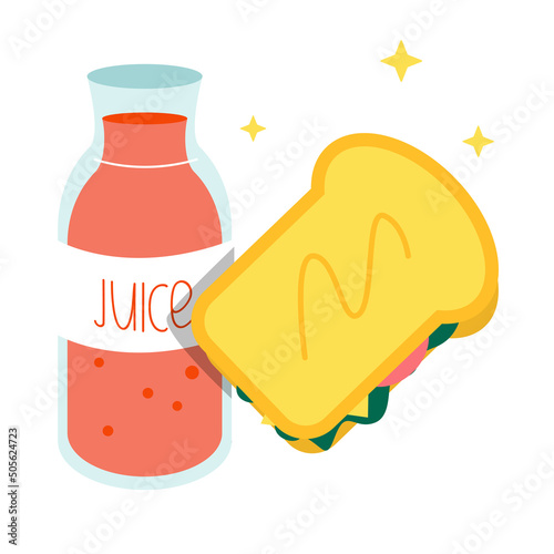 Fresh juice with toast sandwich hum cheese tomato classical breakfast flat vector illustration