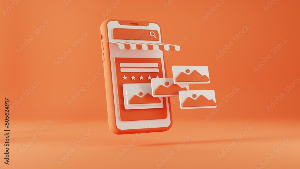 orange mobile phone mockup with orange blank screen and carboard box with gifts. Shipping service. Shopping online and e-commerce concept. 3d rendering illustration. orange mobile phone mockup with orange blank screen and carboard box with gifts. Shipping service. Shopping online and e-commerce concept. 3d rendering illustration.