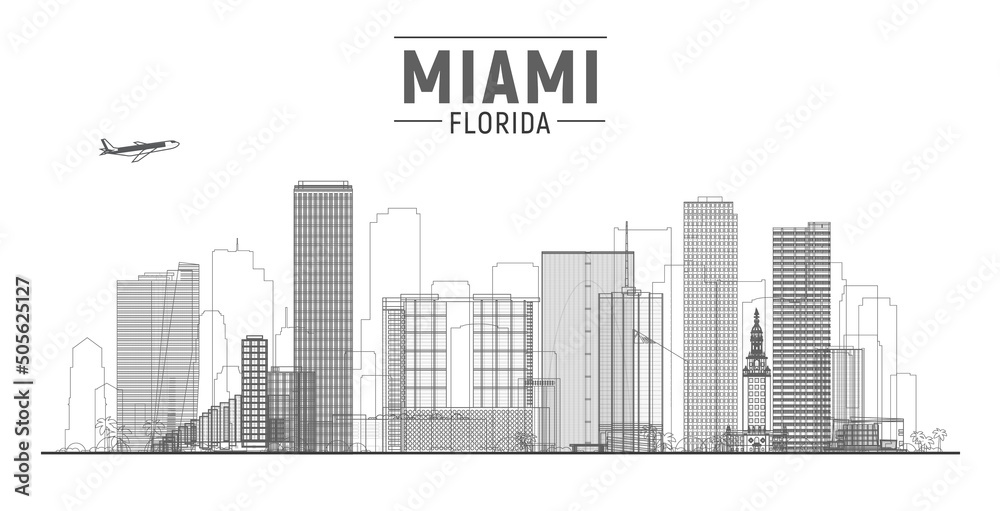 Miami Florida line city skyline with panorama in white background. Vector Illustration. Business travel and tourism concept with modern buildings. Image for banner or web site.