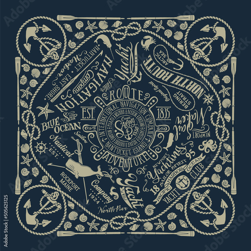 Nautical sailing elements patchwork bandana kerchief vintage marine vector icons 