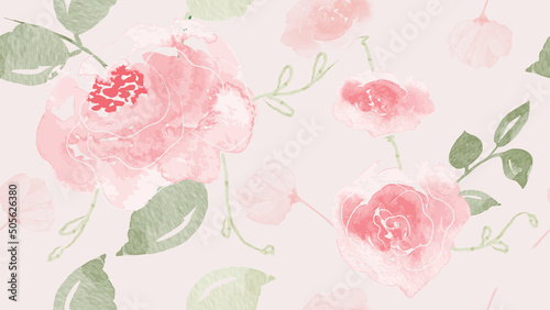 Abstract floral in seamless pattern background. Pink flowers, roses, blooms, leaves, branches on pink wallpaper. Blossom fabric pattern with watercolor texture for banner, prints, packaging.