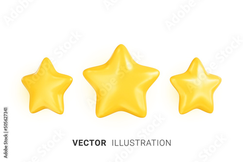 Three gold stars icon. Glossy yellow stars shape. Customer feedback or customer review concept. Realistic 3d vector illustration on white background