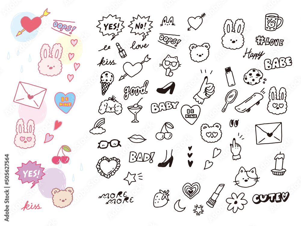 白黒 モノトーン 線画のイラスト 手書き オシャレ ファッション 可愛い 動物 可愛い 絵文字 ガーリー Illustrations Of Black And White Monotone And Line Drawings Handwriting Fashion Fashion Cute Animal Cute Emoji Girly Stock Vector Adobe