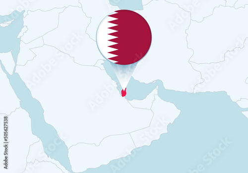 Asia with selected Qatar map and Qatar flag icon.