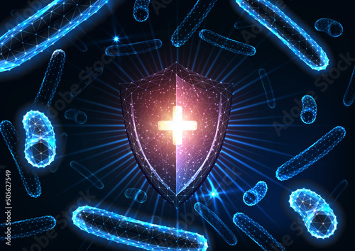 Futuristic immunity, antibacterial medical protection concept with glowing shield and bacteria