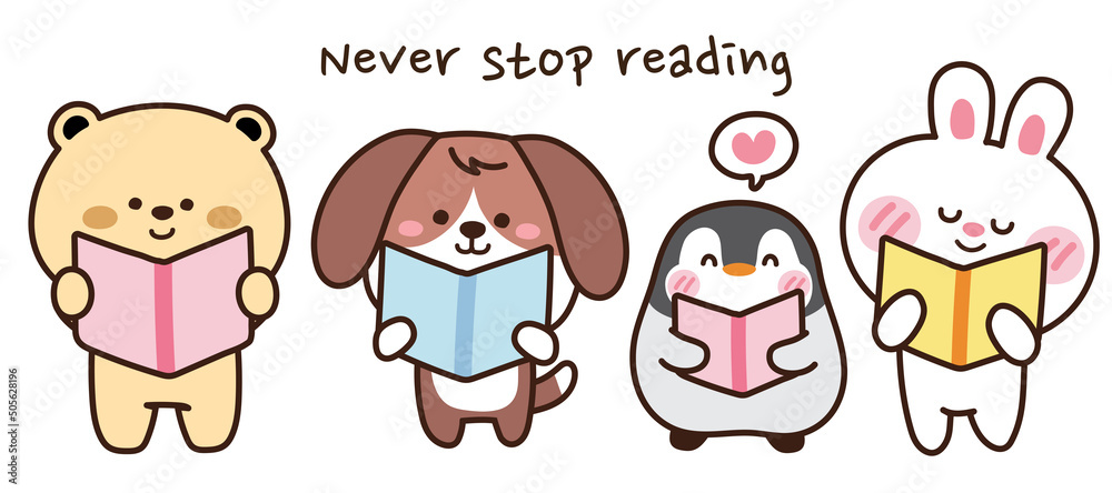 Set of cute animal reading book on white background.Bear,dog ...