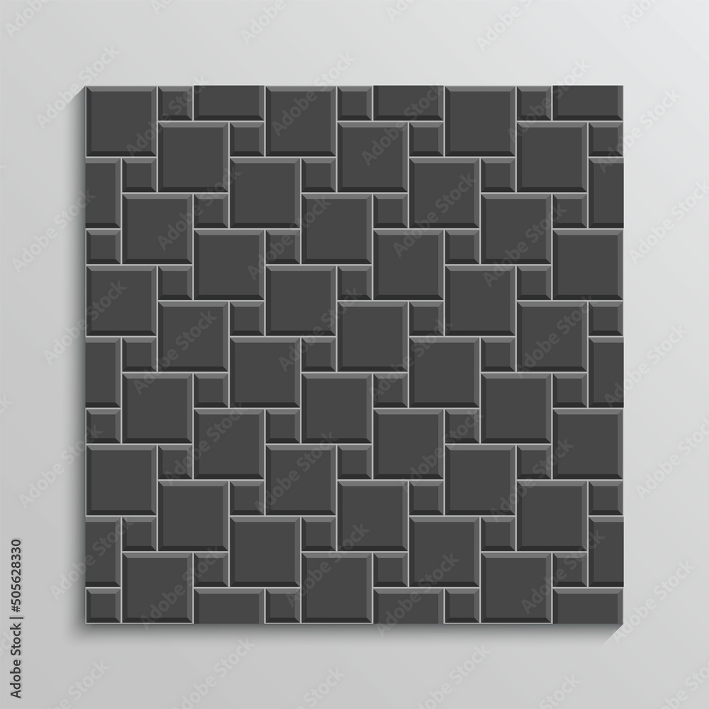 Dark grey rectangle brickwall. Seamless brick texture. Metro background. Ceramic pattern. Old stone surface. Apron faience print. Cement print. Tile subway wall. Vector illustration.